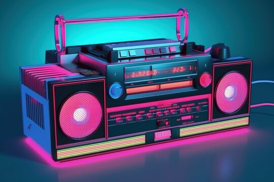Old radio, 80s and 90s, retro style, colorful background, digital illustration. Generative AI