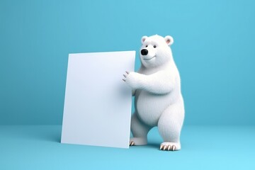 Fototapeta premium Bear and white paper with space to write, notice concept, blue background, digital illustration. Generative AI