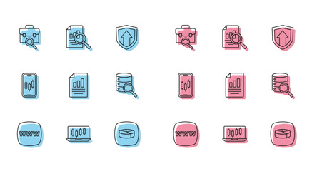 Set line Website template, Stocks market growth graphs, Work search, Pie chart infographic, Document with, Server, Mobile stock trading and icon. Vector