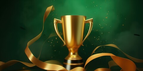 Golden trophy and streamers, business and competition concept, green background. Generative AI - obrazy, fototapety, plakaty