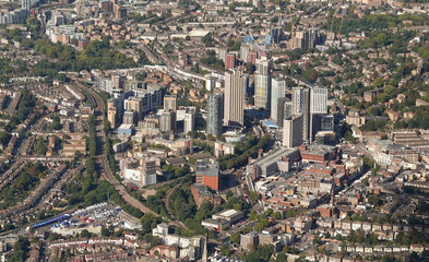 An aerial view of the urban development of Lewisham in South London, UK. 