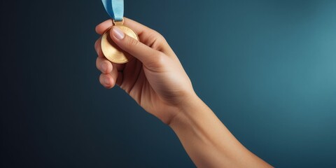 Hand holding gold medal, competition concept, blue background. Generative AI