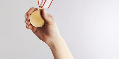 Hand holding gold medal, competition concept, white background. Generative AI
