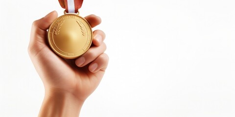 Hand holding gold medal, competition concept, white background. Generative AI