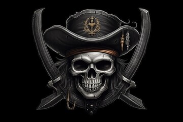 Skull of a pirate with hat, black background digital illustration. Generative AI