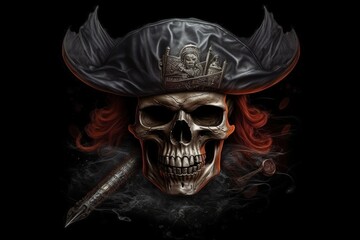 Skull of a pirate with hat, black background digital illustration. Generative AI