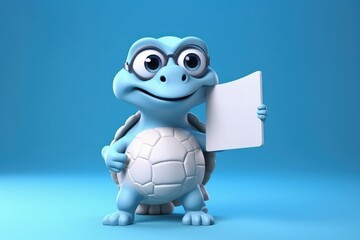 Cute turtle with white card with space to write, blue background. Generative AI