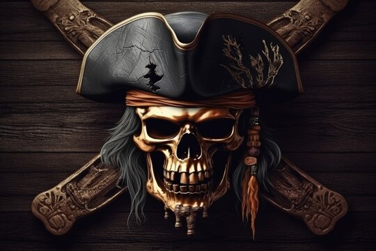 Skull of a pirate with hat, black background digital illustration. Generative AI