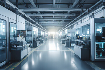 Intelligent factory production line. AI technology generated image - obrazy, fototapety, plakaty