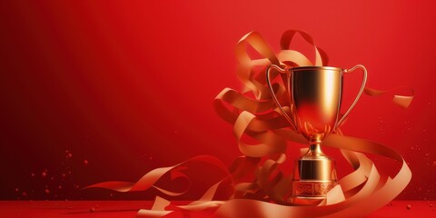 Golden trophy and streamers, business and competition concept, red background. Generative AI - obrazy, fototapety, plakaty