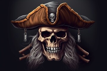 Naklejka premium Skull of a pirate with hat, black background digital illustration. Generative AI