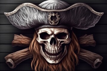 Fototapeta premium Skull of a pirate with hat, black background digital illustration. Generative AI