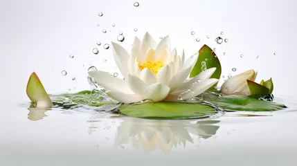 Foto op Canvas Lotus petals, water drop and leaf falling in white background. Generative AI © Александр Марченко