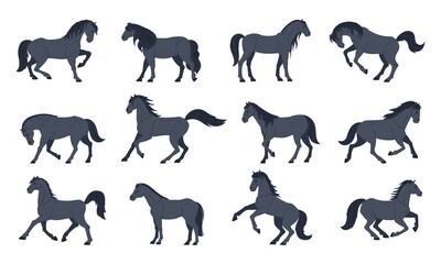 Cartoon black horses. Domestic graceful animals, farm or ranch horses flat vector illustration set. Thoroughbred horses collection