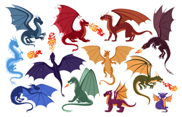 Cartoon dragons set. Flying fantasy reptiles, winged magic fire breathing dragons flat vector illustration set. Fairy dragon monsters collection