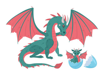Cartoon dragon mom with cute baby. Winged medieval mother dragon and newborn dragon child flat vector illustration