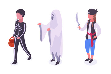 Isometric Halloween party kids. Boys wearing ghost, pirate and skeleton carnival costumes. Festive party masquerade children characters 3d vector illustration set