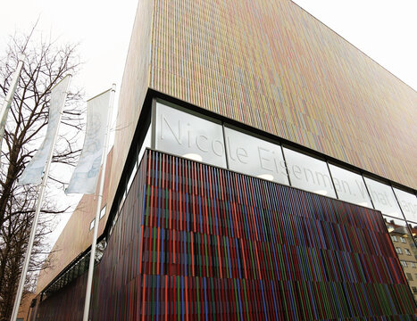 Museum Brandhorst of contemporary art in Munich , angled low view of the multicolored facade of 36000 ceramic rods.