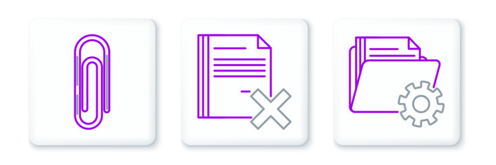 Set line Folder settings with gears, Paper clip and Delete file document icon. Vector