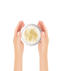 Young woman's hand holding realistic jar of cream for skin care , skin care products and advertising materials, vector illustration.