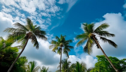 Obraz na płótnie Canvas Natural tropical landscape with palm trees and sun. High quality illustration Generative AI