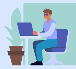 Fototapeta na wymiar A man sitting in the office at a desk using a laptop computer. He is wearing glasses. The background is a blank wall and plant in the pot. Vector illustration in trendy minimalistic corporate style.