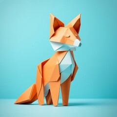 Handmade orange paper fox on light blue background. Generative AI - obrazy, fototapety, plakaty