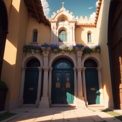 Fototapeta na wymiar Sands of Tranquility: A Luxurious Entryway with a Grand Portal, Embodying Calm and Elegance in a Stunning Residence with a Clear Sky and Subtle Shading - Generative AI 26