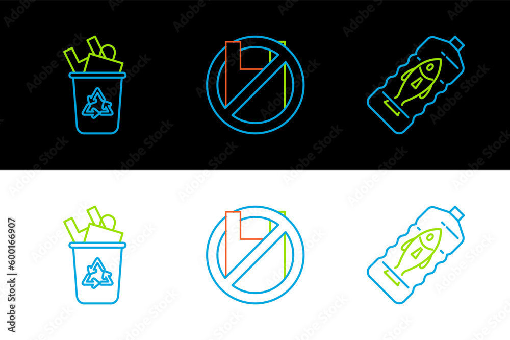 Wall mural set line stop ocean plastic pollution, recycle bin with recycle symbol and say no bags poster icon. 