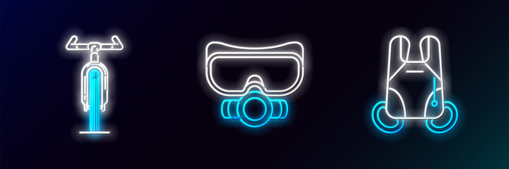 Set line Parachute, Bicycle and Diving mask icon. Glowing neon. Vector