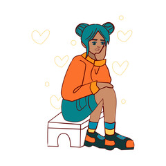 Dreamy red-haired girl with a braid sits on a bench Cartoon vector art