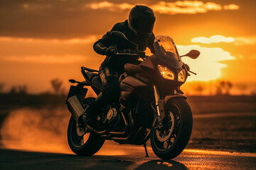 Fototapeta na wymiar Motorcycle at sunset created with Generative AI technology