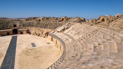 Stadium style seating in the amphitheater in the Roman ruins at Uthina, outside of Tunis, Tunisia