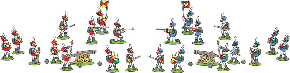 Two small armies of toy soldiers with rifles, flags and cannons for a funny military game, vector cartoon illustration isolated on a white background