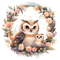 Watercolor drawing of mom and baby in a flower frame 