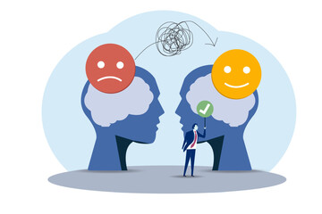 Businessman positive thoughts shift from feeling sad. Optimism and the power of mind to change mood, behavior, decision-making powers