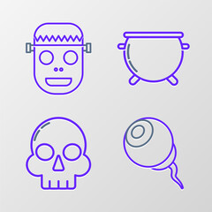 Set line Eye, Skull, Halloween witch cauldron and Zombie mask icon. Vector