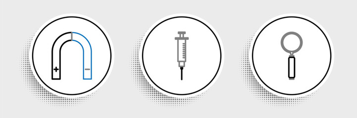 Set line Magnifying glass, Magnet and Syringe icon. Vector