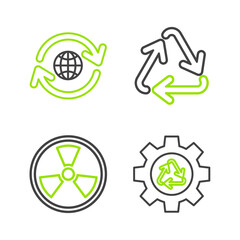 Set line Recycle symbol and gear, Radioactive, and Planet earth recycling icon. Vector