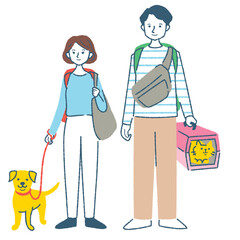 ペットを連れて避難する男女