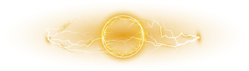 Yellow ball lightning on a transparent background. Abstract electric lightning strike. Light flash, thunder, spark. PNG. - obrazy, fototapety, plakaty