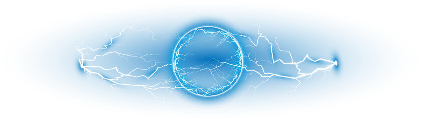 Blue ball lightning on a transparent background. Abstract electric lightning strike. Light flash, thunder, spark. PNG.
 - obrazy, fototapety, plakaty