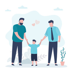 Fototapeta premium Same sex adoption. Happy married LGBT couple, adoption concept. Gay parents adopted cute boy. Equality, freedom. Relationship, same sex family with son.