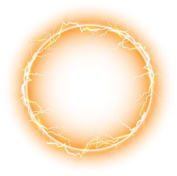 Yellow ball lightning on a transparent background. Abstract electric lightning strike. Light flash, thunder, spark. PNG.