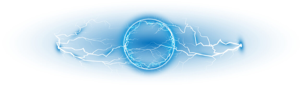 Blue ball lightning on a transparent background. Abstract electric lightning strike. Light flash, thunder, spark. PNG.
