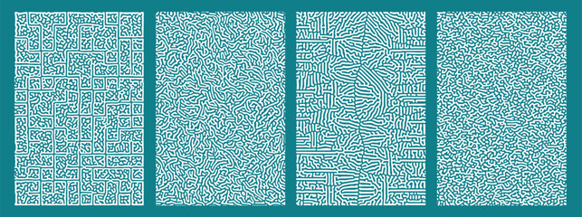 Abstract white pattern four styles of reaction biology diffusion turing on light blue background poster cover design. Vector illustration.  