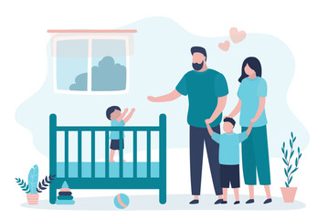 Family adopts an infant child from orphanage. Parents with two children. Parents love. Traditional family, child care. Adopted children find family. Love couple with adopted kids.