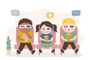 Happy kids sitting in cinema and watching movie. Multiethnic friends in stereo glasses are watching 3d movie. Cute characters are eating popcorn and looking at screen.
