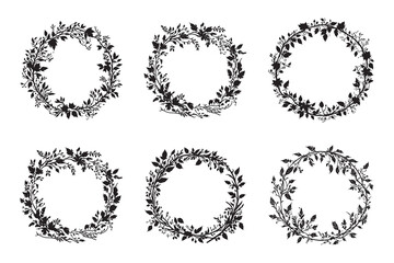 Set of frames, Hand drawn vintage floral borders, frames with flowers, branches and leaves black silhouette vector