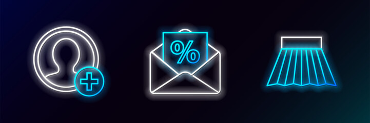 Set line Skirt, Create account screen and Envelope with an interest discount icon. Glowing neon. Vector